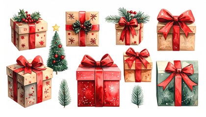 Watercolor Christmas Gift Boxes and Festive Decorations Collection.