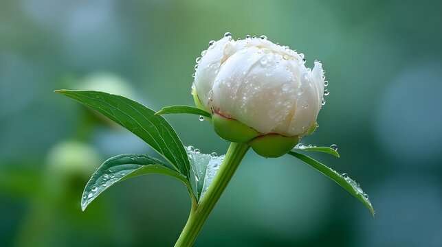 ro detail of a delicate white peony flower bud glistening with fresh water droplets showcasing its soft petals and vibrant green stem