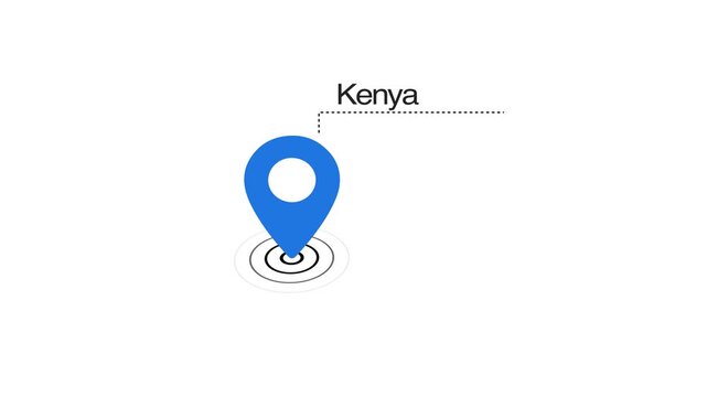 Kenya location marker animation on transparent background. Kenya map label with location pin symbol. Kenya map with destination location concept