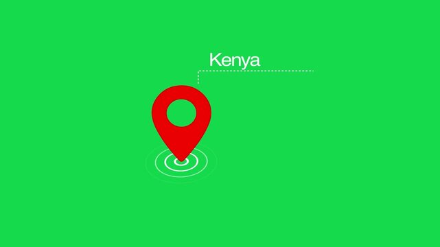 Kenya location marker animation on transparent background. Kenya map label with location pin symbol. Kenya map with destination location concept