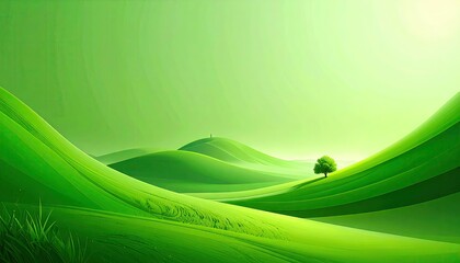 Vibrant green rolling hills landscape with a solitary tree under a soft hazy sky.