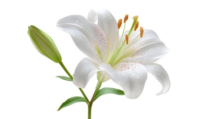 Obraz premium Isolated white lily bloom with pink speckles water droplets and an unopened bud Studio shot on white background showcasing natural elegance and fresh botanical beauty