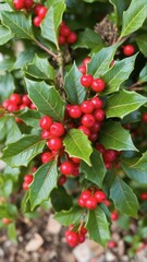 Fototapeta premium Holly Bush with Red Berries and Green Leaves Growing in Garden or Forest 200 Characters