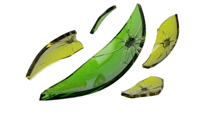 Broken glass fragments of a shattered curved green and yellow bottle or vase with impact hole isolated on transparent background