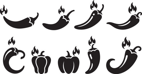 A set of black silhouette illustrations of flaming hot chili peppers