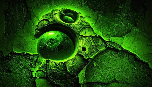 Close up of a menacing alien creature with a glowing green orb eye and armored texture.