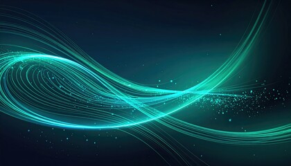 Abstract Teal and Cyan Light Trails Flowing Through Dark Space.