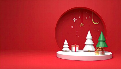 Modern Minimalist Christmas Scene with Festive Trees and Gifts on Red Background.