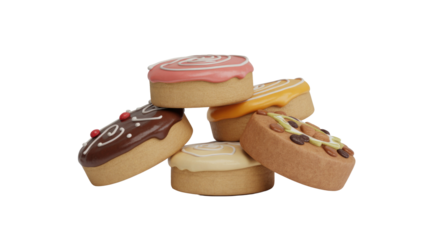 A delightful stack of assorted 3D rendered pastries, including frosted cinnamon rolls and a chocolate almond bun, on a vibrant transparent background. background removed