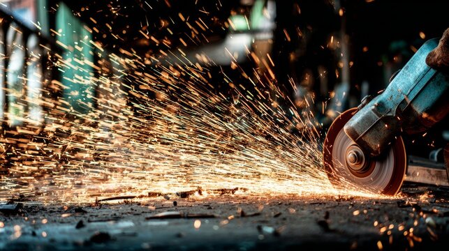 Metal grinding machine shaping a rusty iron piece, producing bright sparks flying in a dark industrial workshop, illustrating hard work, metal fabrication, manufacturing and industrial processes