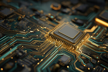 Futuristic motherboard texture with glowing gold and teal circuitry &mdash; high-detail technology background