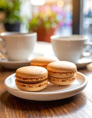 Close-up of macarons on a plate, coffee cups in the background