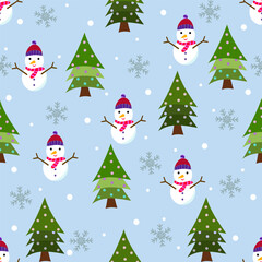Christmas seamless pattern with snow man,Snowflakes,Christmas tree on light blue background good for wall and wrapping paper, party decoration