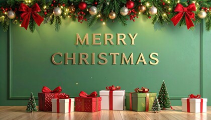 Festive Merry Christmas scene with golden letters, decorated fir garland, and gift boxes on a wooden floor.