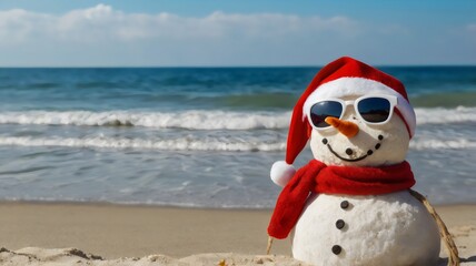 Smiling Santa Sandy Snowman in Red Santa Hat on Beach &ndash; Fun Coastal Christmas Holiday Concept, Tropical Winter Celebration