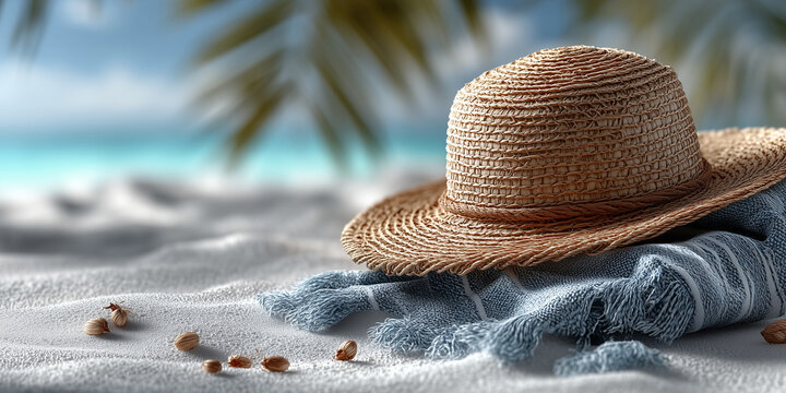 white and gray hat and scarf on sandy beach, soft natural light, shallow depth of field, serene coastal atmosphere,