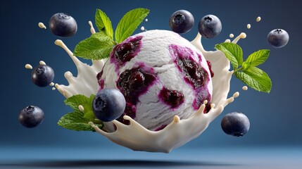 A blueberry ice cream with blueberries and mint leaves on top. The ice cream is surrounded by milk and blueberries