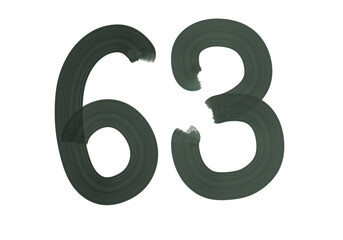 Number Sixty-three, 63 made with Plaster Rake Brush on transparent background, Digit, Black color, Dark-green color, isolated background, Illustration, Typography, Handmade, Set 0-100