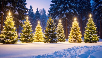 Enchanting winter scene with multiple decorated Christmas trees glowing warmly in a snow-covered forest at night.