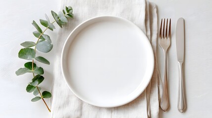 Sophisticated and clean dining table setting with white plate fork knife linen napkin and eucalyptus sprig embodying modern simplicity and natural elements for a serene meal