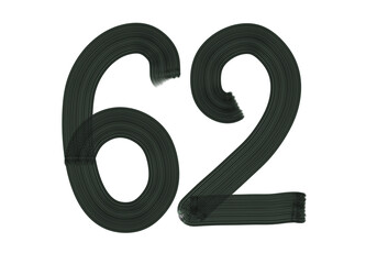Number Sixty-two, 62 made with Plaster Rake Brush on transparent background, Digit, Black color, Dark-green color, isolated background, Illustration, Typography, Handmade, Set 0-100