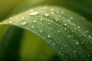Morning dew aligned on a fresh green leaf sparkles gently in soft glowing light
