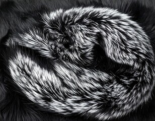 Close-up of luxurious, swirling, black and silver fur texture