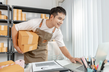 Modern online selling concept with entrepreneur preparing packages, showcasing ecommerce operations, startup growth, logistics solutions, and digital transformation in retail business.