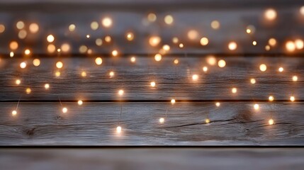 Abstract background featuring a string of warm golden bokeh lights scattered across a textured rustic wooden surface creating a festive and cozy atmosphere