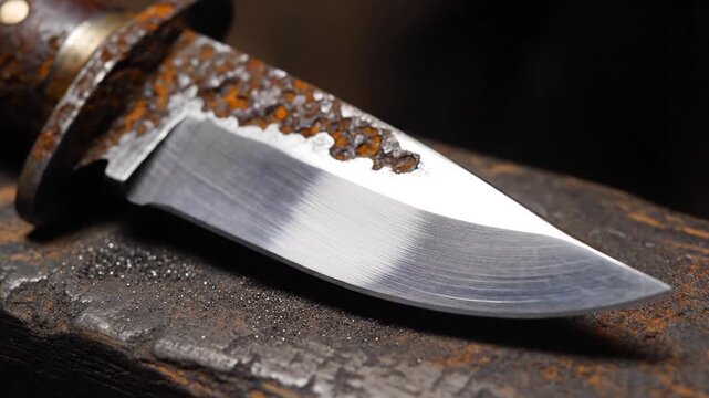 Blacksmith crafting a sharp knife with precision in a workshop setting