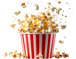 Overflowing Striped Popcorn Bucket with Flying Kernels, Front View, Isolated PNG