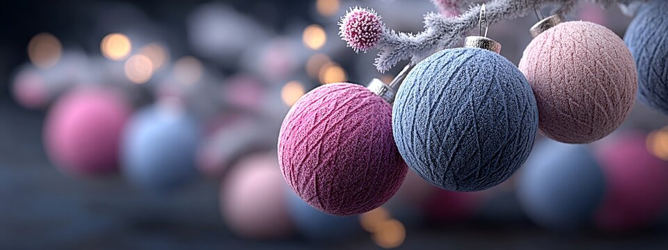 three yarn balls hanging from a christmas tree