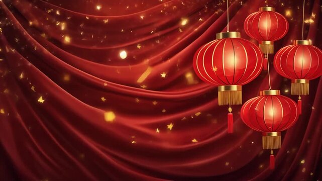 Cinematic Chinese New Year background with glowing red lanterns gently swaying, soft golden