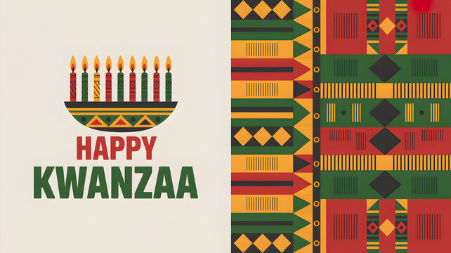 Celebrating kwanzaa with kinara and traditional african kente cloth pattern