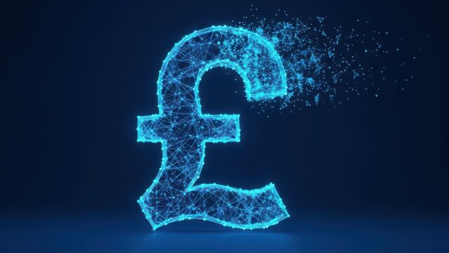 Blue digital plexus pound sterling symbol disintegrating into particles against a dark blue - Powered by Adobe