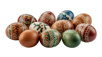A vibrant collection of traditional handcrafted Easter eggs, featuring intricate patterns and diverse colors, alongside natural brown and green eggs. background removed