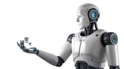 A futuristic humanoid robot holding a glowing light bulb, symbolizing AI-driven innovation, new ideas, and technological solutions. The machine represents future intelligence. background removed