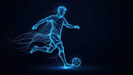 Blue Digital Wireframe Soccer Player Kicking Ball with Dark football