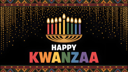 Happy kwanzaa celebration with kinara and candles on black background
