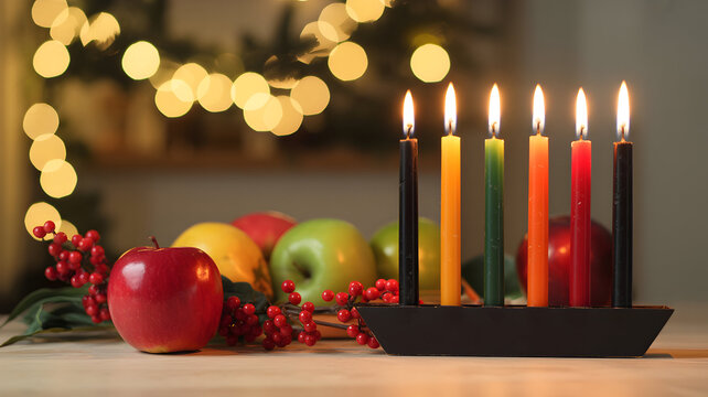 Kwanzaa celebration with kinara candles fruits and festive lights in the background