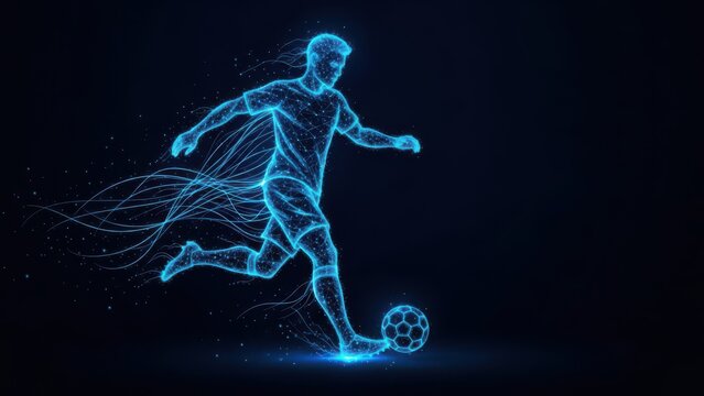 Blue Digital Wireframe Soccer Player Kicking Ball with Dark football - Powered by Adobe