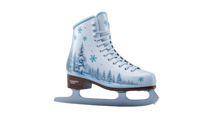A beautiful white ice skate featuring an enchanting winter forest and snowflake design, set against a solid transparent background. background removed