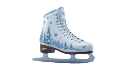 A beautiful white ice skate featuring an enchanting winter forest and snowflake design, set against a solid transparent background. background removed