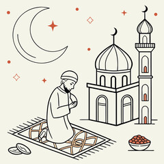 Muslim couple praying before iftar meal during ramadan design