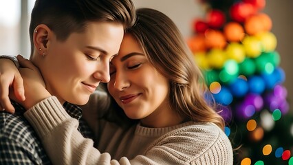 Warm hugs between lesbian couple, everyone is discreetly amiling, emotional focus, natural light, rainbow christmas background