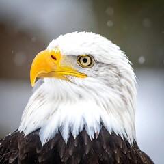 Close-up of majestic, white-headed bird of prey. Snowy backdrop