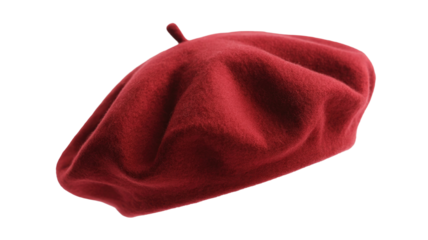 A classic deep red wool beret, a stylish and iconic French-inspired headwear piece, isolated against a solid background. background removed