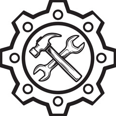 Gear With Crossed Hammer And Wrench Inside Keywords: gear, cogwheel, tools, hammer, wrench