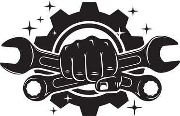 Fist Holding Wrenches Gear Sparkles Industrial Strength vector illustration