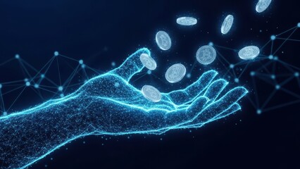 Digital Hand Releasing Glowing Bitcoin Cryptocurrency Coins Against a Dark Network